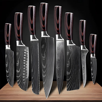 Ensemble de couteaux de chef en acier de Damas avec manches ergonomiques en bois | Lames de précision pour un contrôle culinaire sans effort