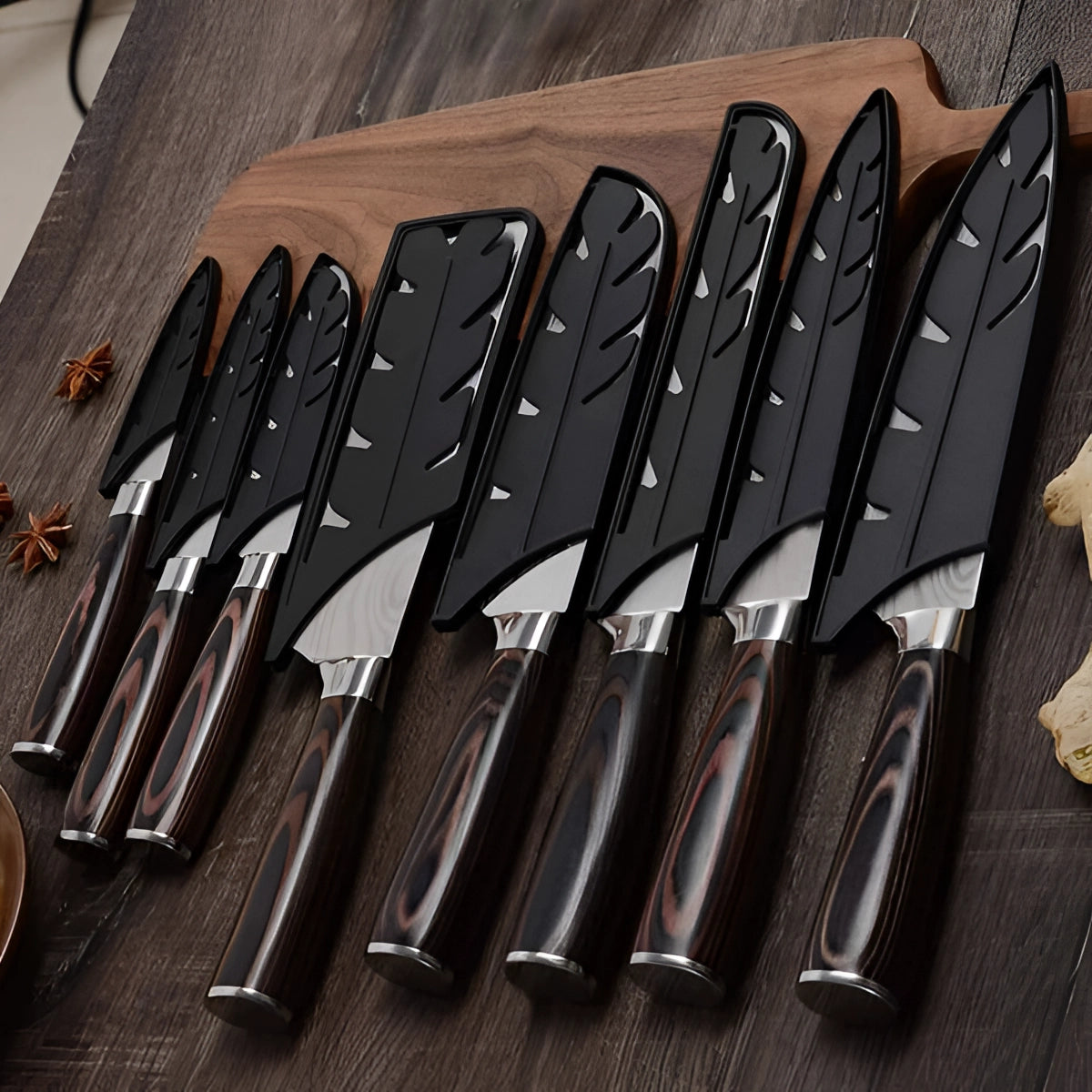 Ensemble de couteaux de chef en acier de Damas avec manches ergonomiques en bois | Lames de précision pour un contrôle culinaire sans effort