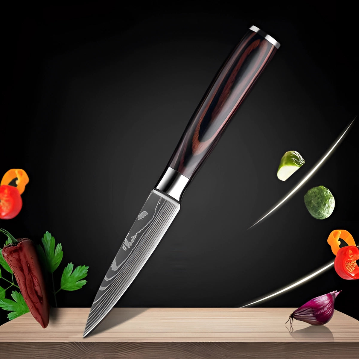Ensemble de couteaux de chef en acier de Damas avec manches ergonomiques en bois | Lames de précision pour un contrôle culinaire sans effort