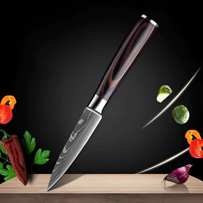 Ensemble de couteaux de chef en acier de Damas avec manches ergonomiques en bois | Lames de précision pour un contrôle culinaire sans effort