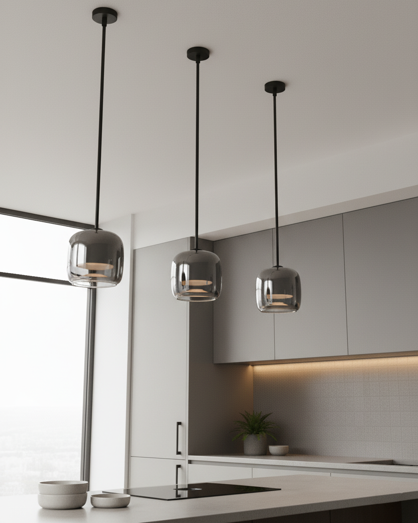 Glass Hanging Lamp 6.3 Inch Smoke Gray LED for Kitchen Island Dining Area Ceiling Mount Modern Minimalist Interior Lighting