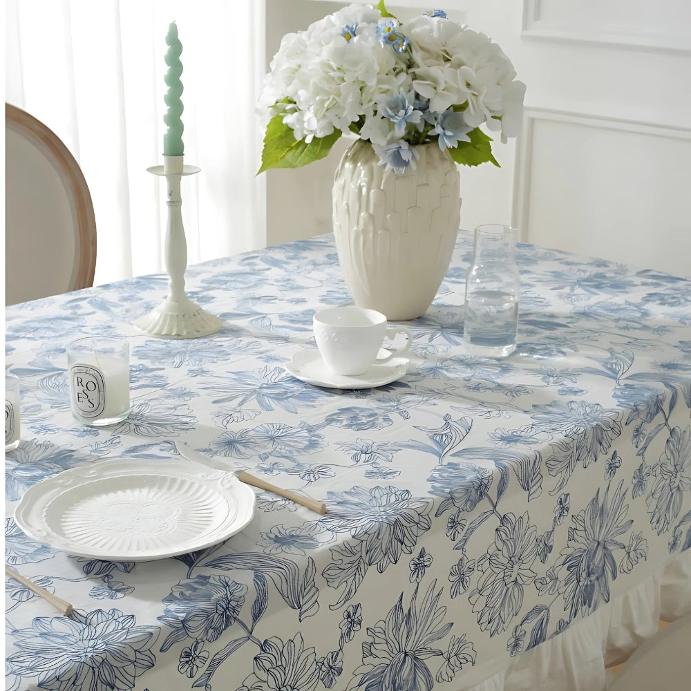 Delfina Lace Tablecloth - Blue Floral Cotton, Ruffled Edges