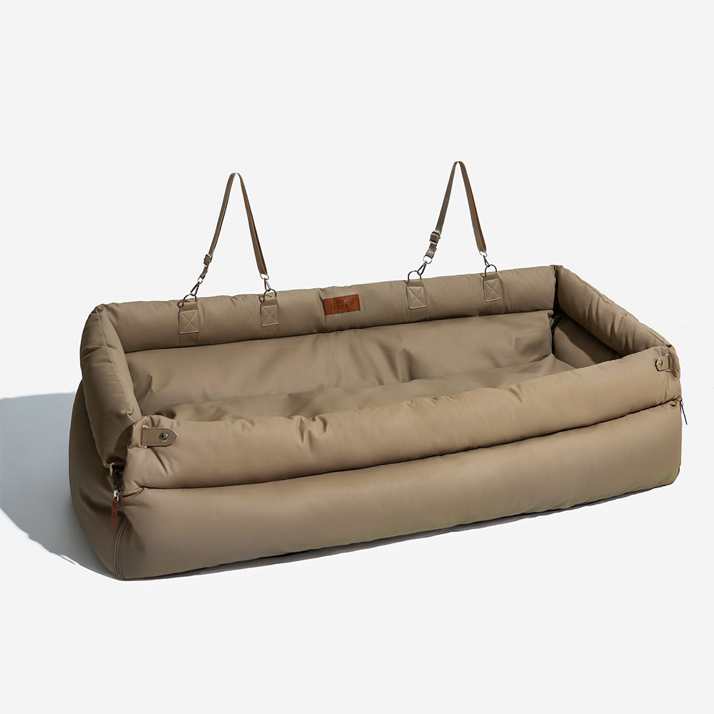 Elevated Pet Car Seat with Cushioned Bolsters for Medium to Large Dogs – Faux Leather Travel Booster Bed for SUVs & Sedans