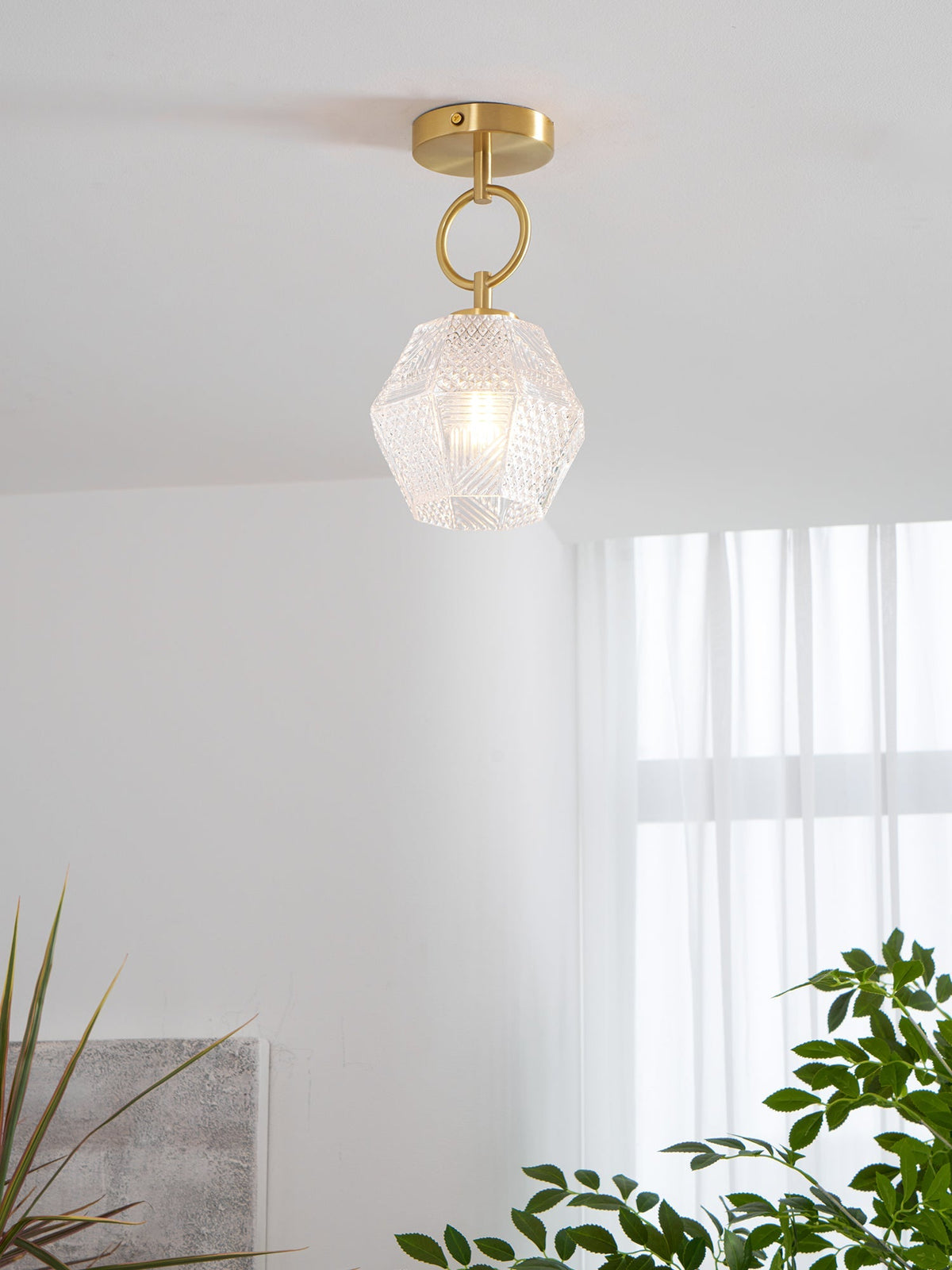 Geometric Glass Pendant Light with Faceted Shade | Polished Metal Hanging Fixture for Kitchen Island Entryway Breakfast Nook Hallway
