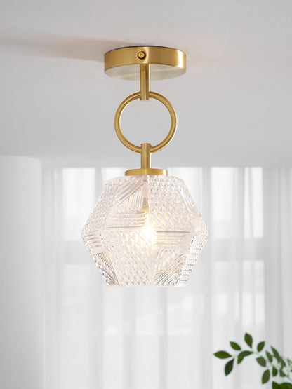 Geometric Glass Pendant Light with Faceted Shade | Polished Metal Hanging Fixture for Kitchen Island Entryway Breakfast Nook Hallway