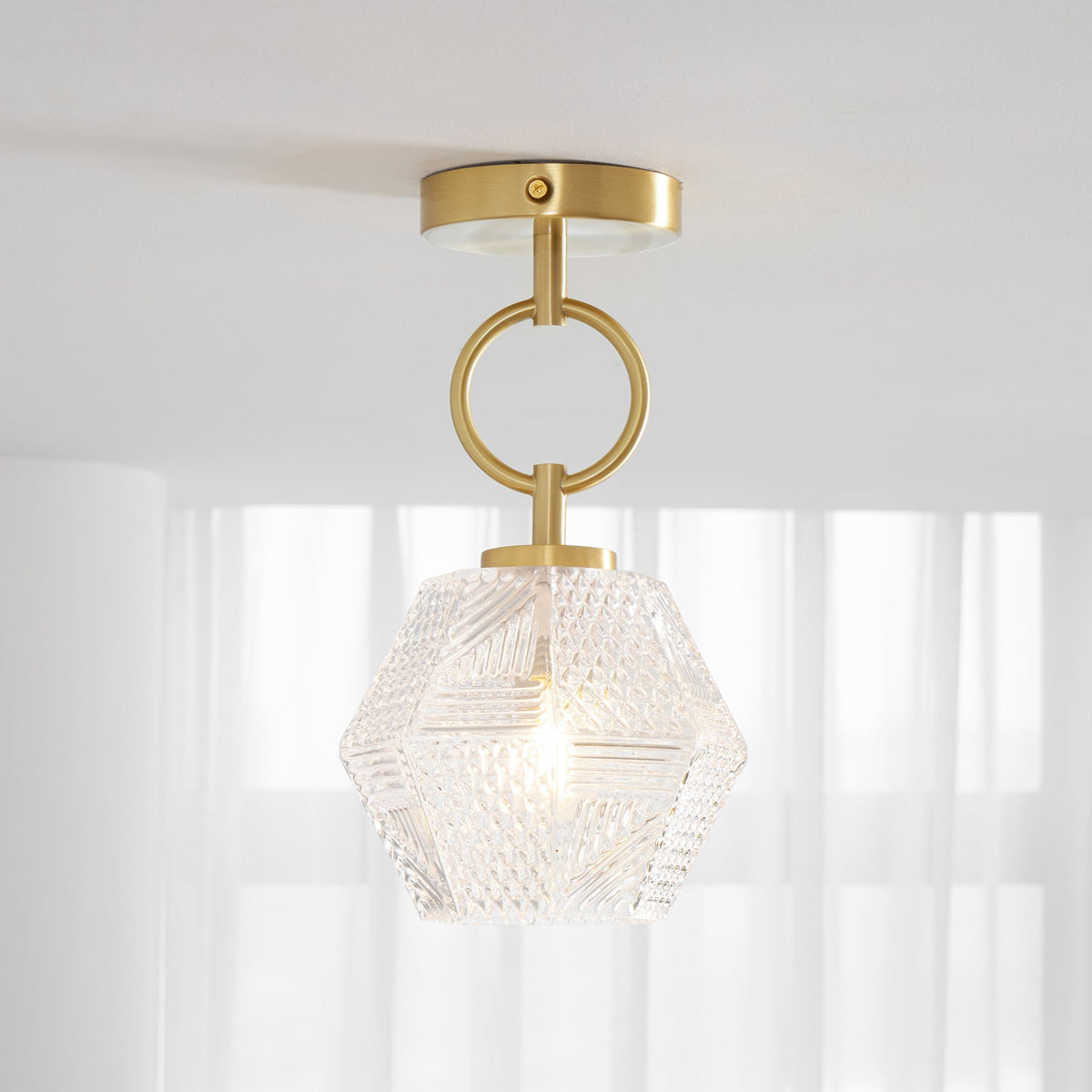 Geometric Glass Pendant Light with Faceted Shade | Polished Metal Hanging Fixture for Kitchen Island Entryway Breakfast Nook Hallway