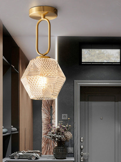 Geometric Glass Pendant Light with Faceted Shade | Polished Metal Hanging Fixture for Kitchen Island Entryway Breakfast Nook Hallway