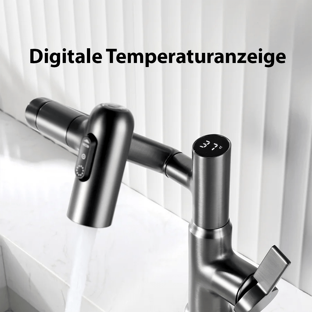 Rotating Sink Tap with Digital Temp Readout – 12-Inch Adjustable Spout, Full Swivel for Double Basins & Oversized Cookware