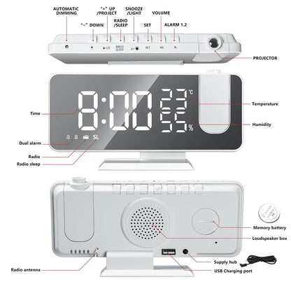 FM Radio Alarm Clock with LED Projection and USB Charging Port
