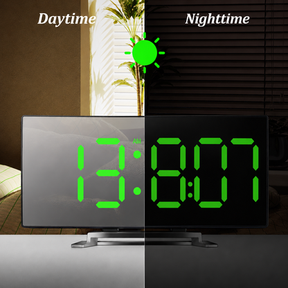 Modern Curved LED Digital Alarm Clock with Auto-Dimming Mirror Display for Bedroom and Office