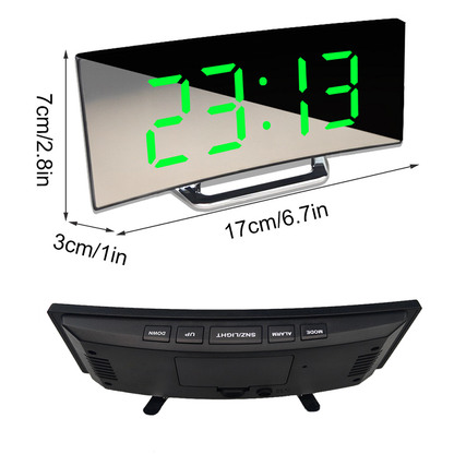 Curved LED Digital Alarm Clock with Auto-Dimming Mirror Display for Bedroom, Nightstand & Desk | USB or Battery Powered