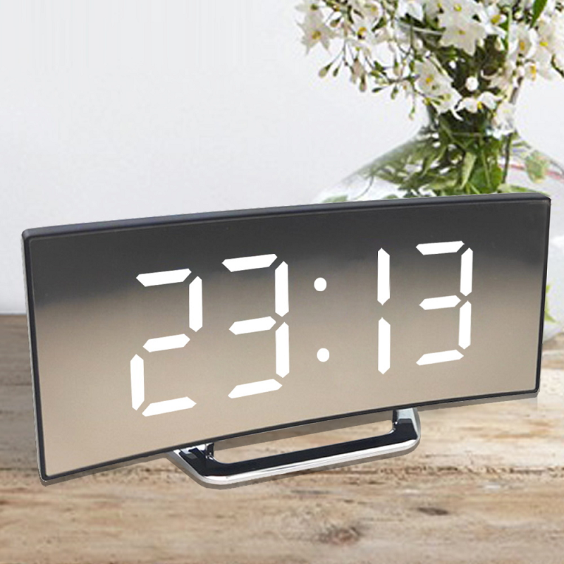 Curved LED Digital Alarm Clock with Auto-Dimming Mirror Display for Bedroom, Nightstand & Desk | USB or Battery Powered