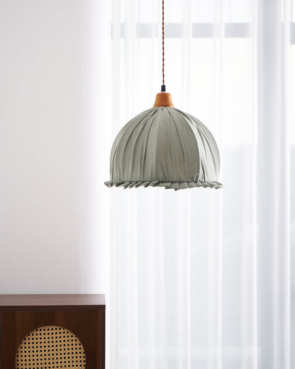 Hanging Ceiling Light Fixture with Fabric Shade 12 Inch Natural Wood Drum Pendant for Dining Room Kitchen Island Bedroom E26 Socket Adjustab
