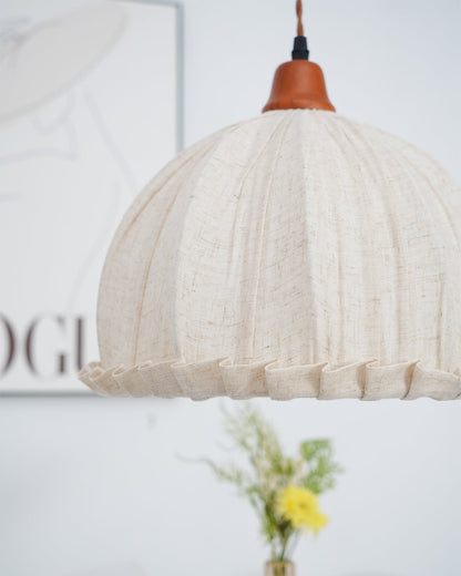 Hanging Ceiling Light Fixture with Fabric Shade 12 Inch Natural Wood Drum Pendant for Dining Room Kitchen Island Bedroom E26 Socket Adjustab