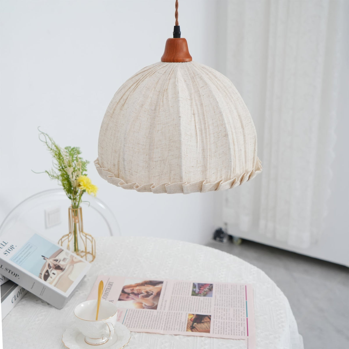 Hanging Ceiling Light Fixture with Fabric Shade 12 Inch Natural Wood Drum Pendant for Dining Room Kitchen Island Bedroom E26 Socket Adjustab