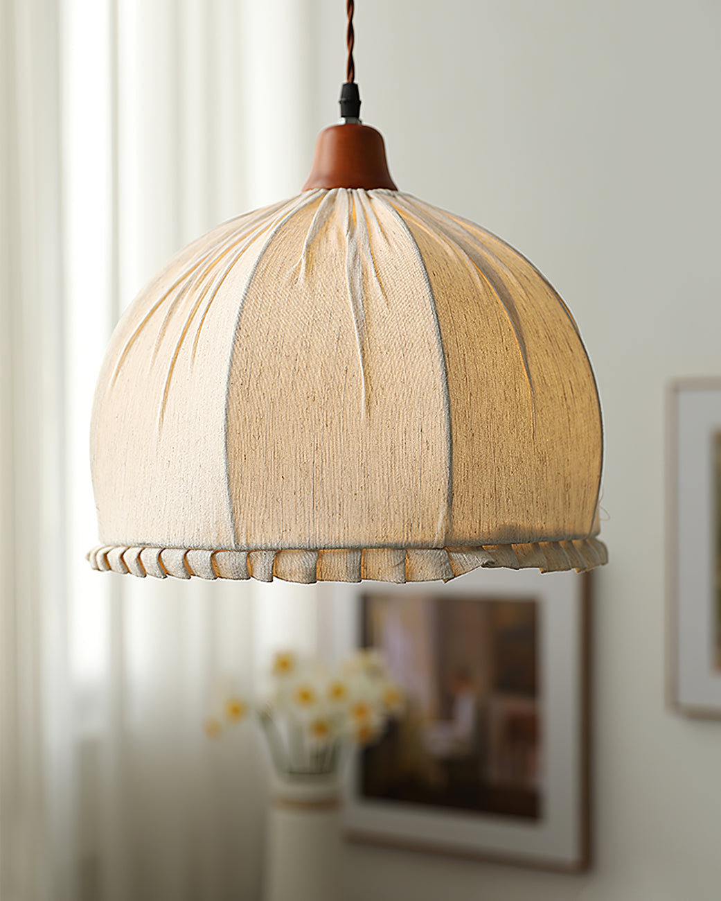 Hanging Ceiling Light Fixture with Fabric Shade 12 Inch Natural Wood Drum Pendant for Dining Room Kitchen Island Bedroom E26 Socket Adjustab