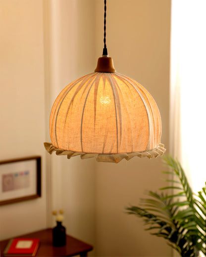 Hanging Ceiling Light Fixture with Fabric Shade 12 Inch Natural Wood Drum Pendant for Dining Room Kitchen Island Bedroom E26 Socket Adjustab