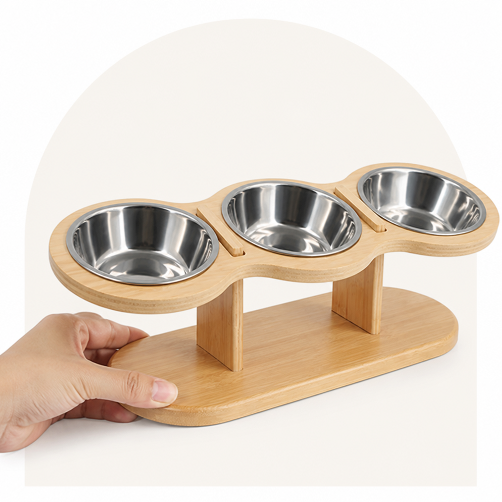 Support pour gamelles en bois incliné à 15° Ortekor (3 bols en acier inoxydable)