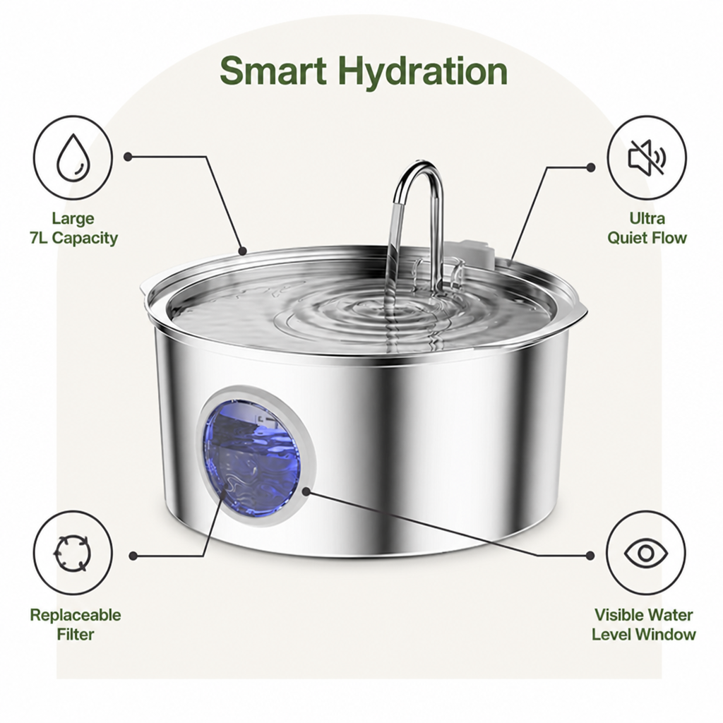 Fontaine à eau pour animaux de compagnie Ortekor 7L en acier inoxydable avec filtre