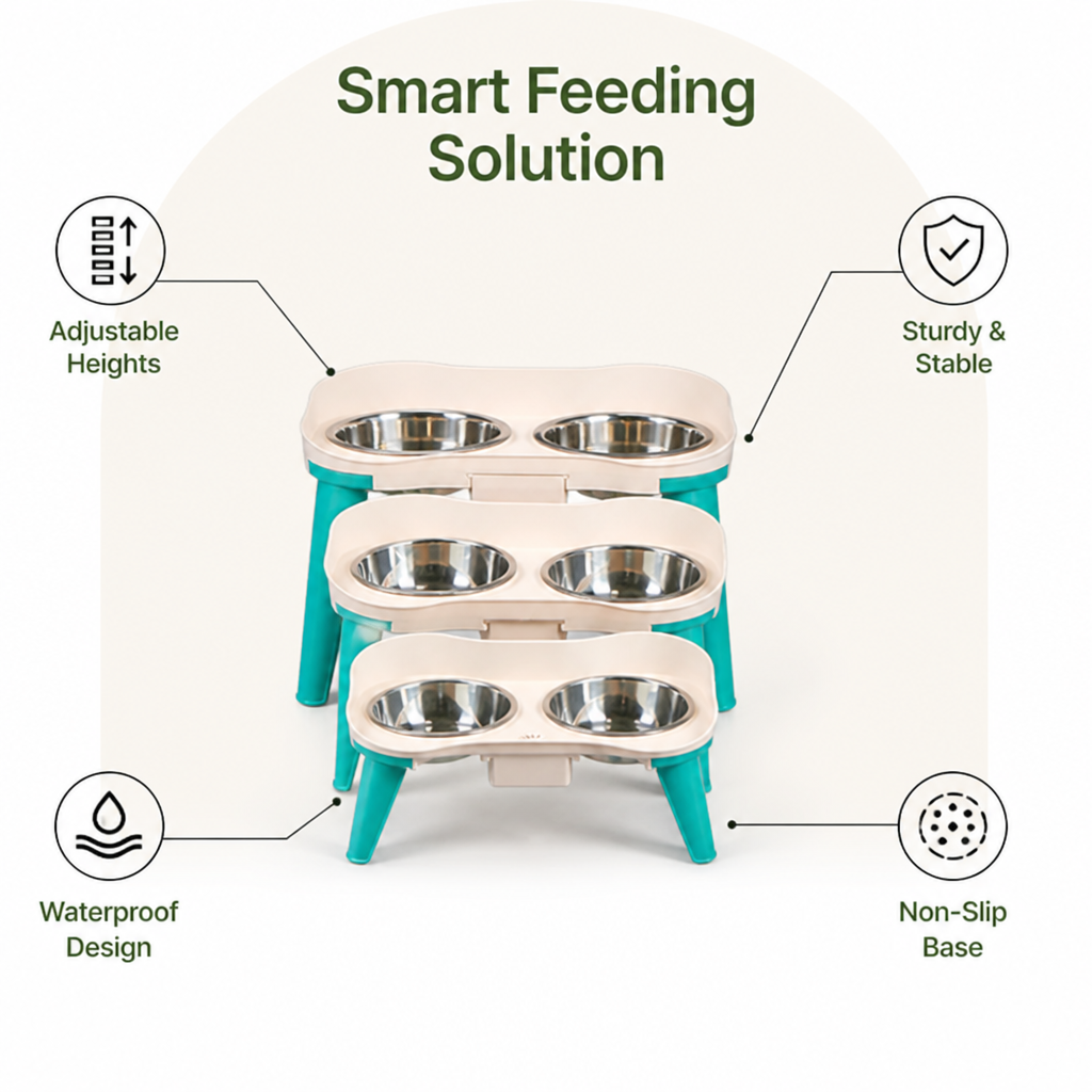 Ortekor Adjustable Height & Non-Slip Elevated Pet Feeder (Stainless Steel Bowls)