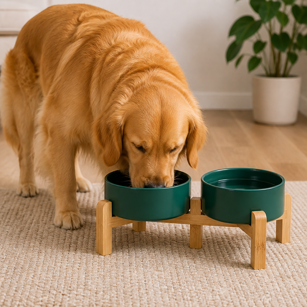 Ortekor Elevated Wooden Stand & Double Ceramic Dog Bowl