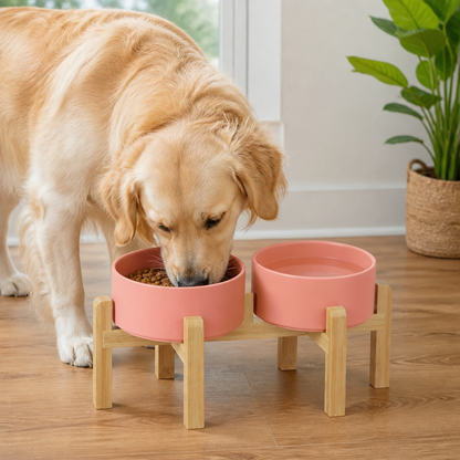 Ortekor Elevated Wooden Stand & Double Ceramic Dog Bowl