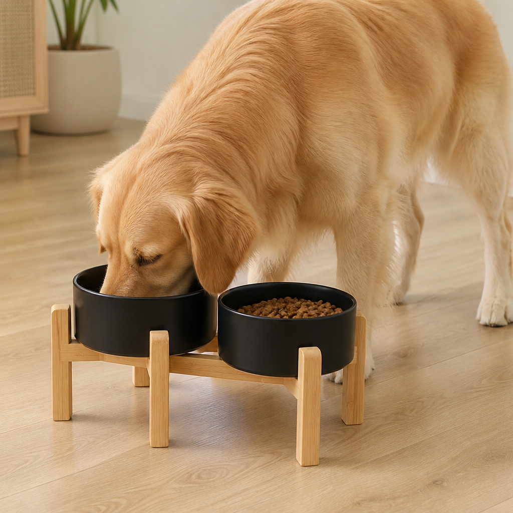 Ortekor Elevated Wooden Stand & Double Ceramic Dog Bowl