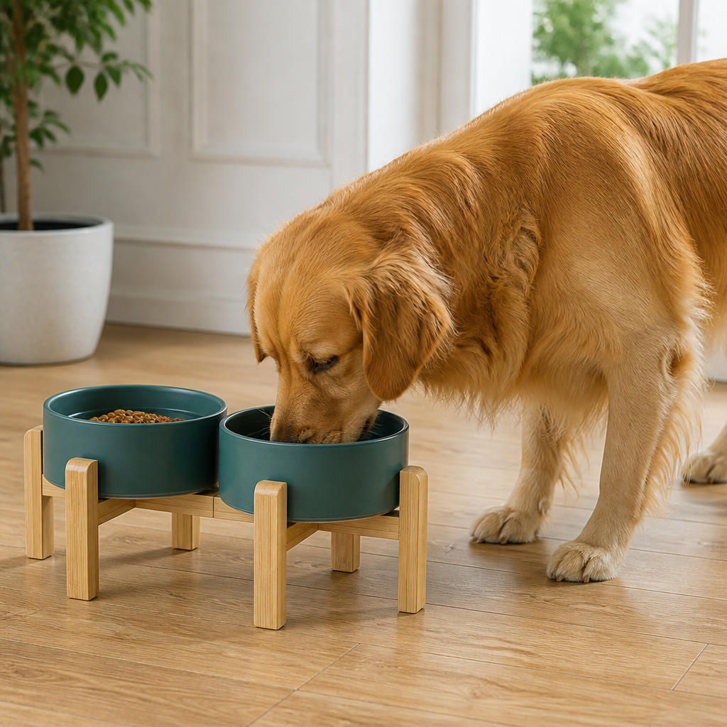 Ortekor Elevated Wooden Stand & Double Ceramic Dog Bowl