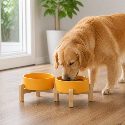 Ortekor Elevated Wooden Stand & Double Ceramic Dog Bowl