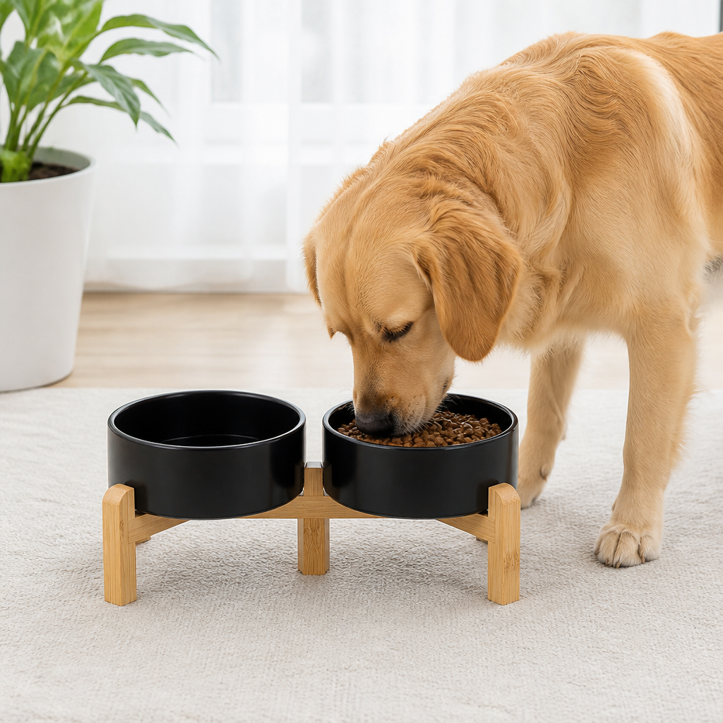 Ortekor Elevated Wooden Stand & Double Ceramic Dog Bowl