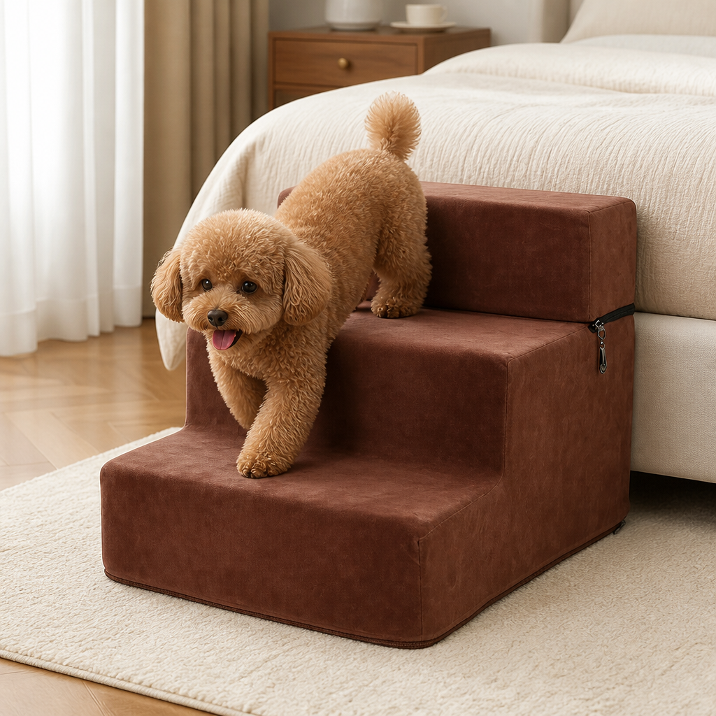 Ortekor Foldable Non-Slip Faux Fleece Pet Stairs (3-Step Removable Cover)