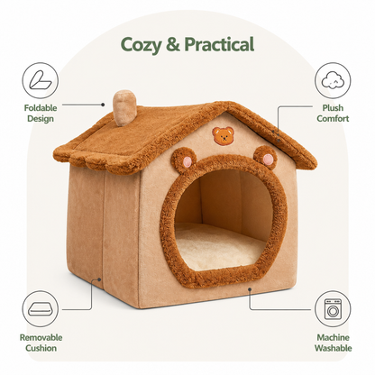 Ortekor Foldable Plush Velvet & Flannelette Pet House (Removable Washable Cushion)