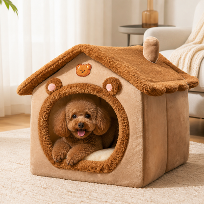 Ortekor Foldable Plush Velvet & Flannelette Pet House (Removable Washable Cushion)