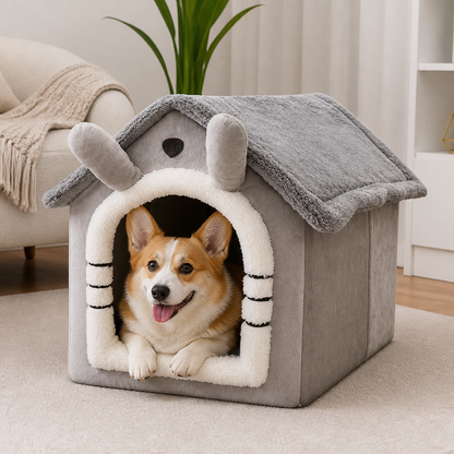 Ortekor Foldable Plush Velvet & Flannelette Pet House (Removable Washable Cushion)