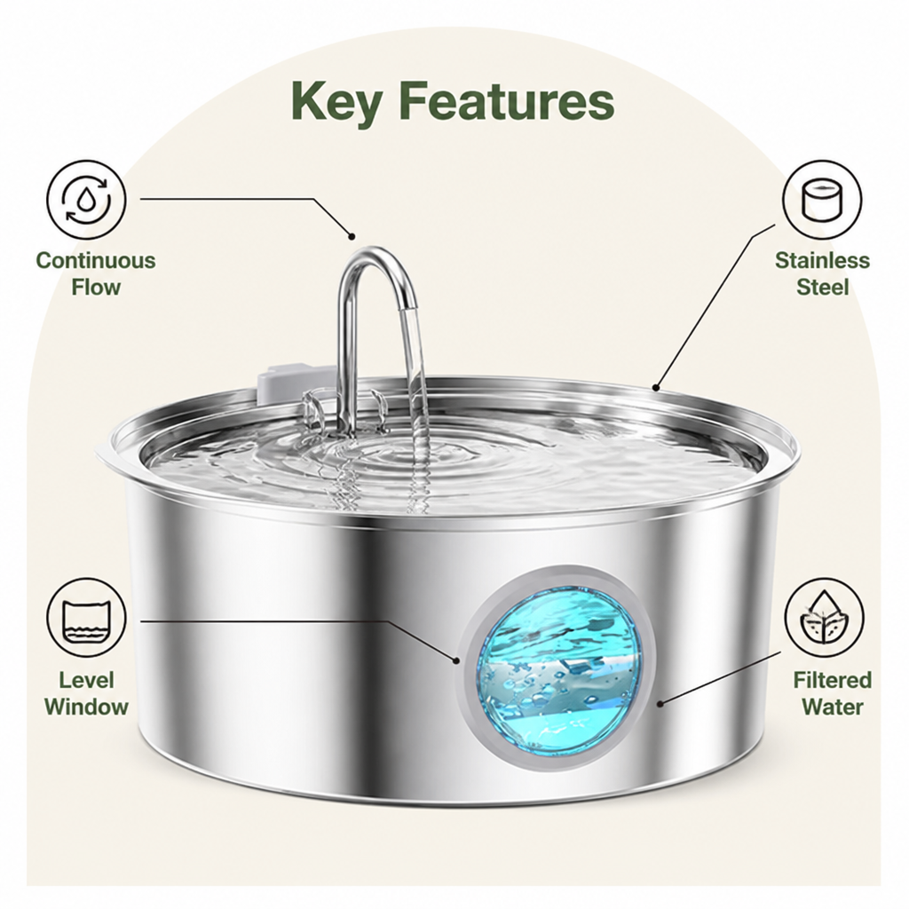 Ortekor Large-Capacity Filtered Pet Water Fountain (Water-Level Window)