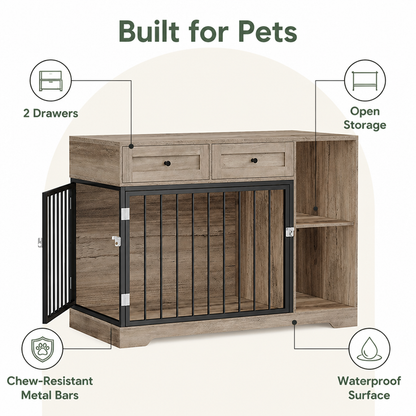 Grande cage pour chien Ortekor en bois imperméable et métal anti-morsure (avec tiroirs)
