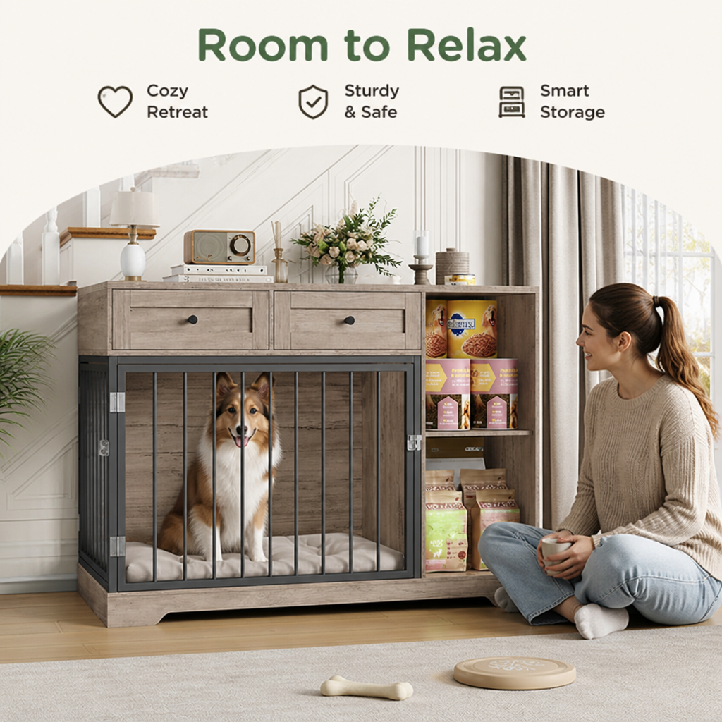 Grande cage pour chien Ortekor en bois imperméable et métal anti-morsure (avec tiroirs)