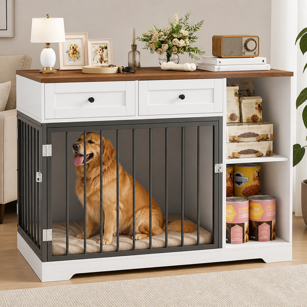 Grande cage pour chien Ortekor en bois imperméable et métal anti-morsure (avec tiroirs)