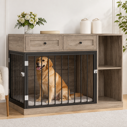 Grande cage pour chien Ortekor en bois imperméable et métal anti-morsure (avec tiroirs)