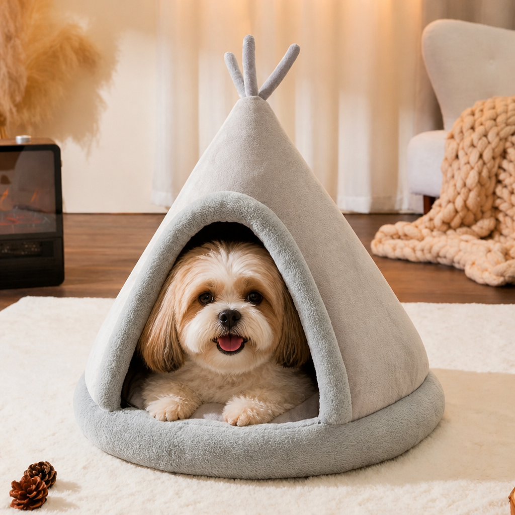 Ortekor Plush Coral Velvet & PP Cotton Pet Teepee