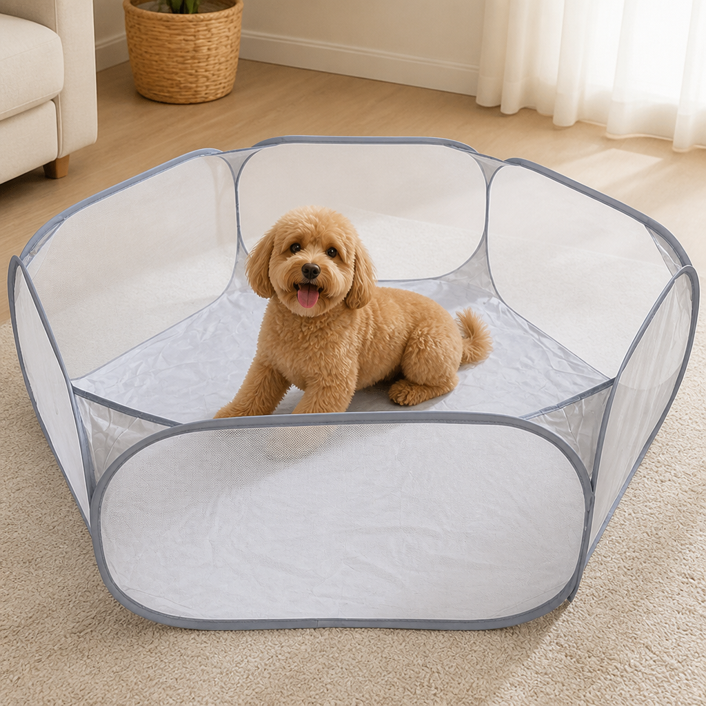 Ortekor Pop-Up & Foldable Transparent Mesh Pet Playpen (Water-Absorbing Liner)