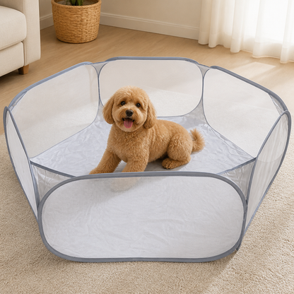 Ortekor Pop-Up & Foldable Transparent Mesh Pet Playpen (Water-Absorbing Liner)