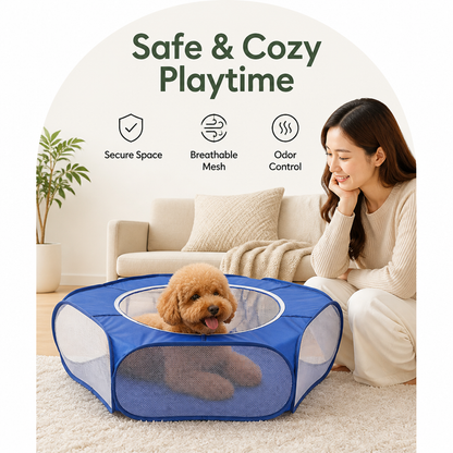 Ortekor Pop-Up & Foldable Transparent Mesh Pet Playpen (Water-Absorbing Liner)