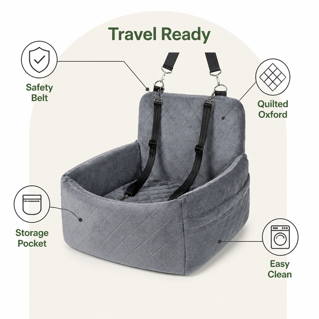 Siège auto pour chien Ortekor, modèle Oxford matelassé lavable avec ceinture de sécurité (coussin amovible)