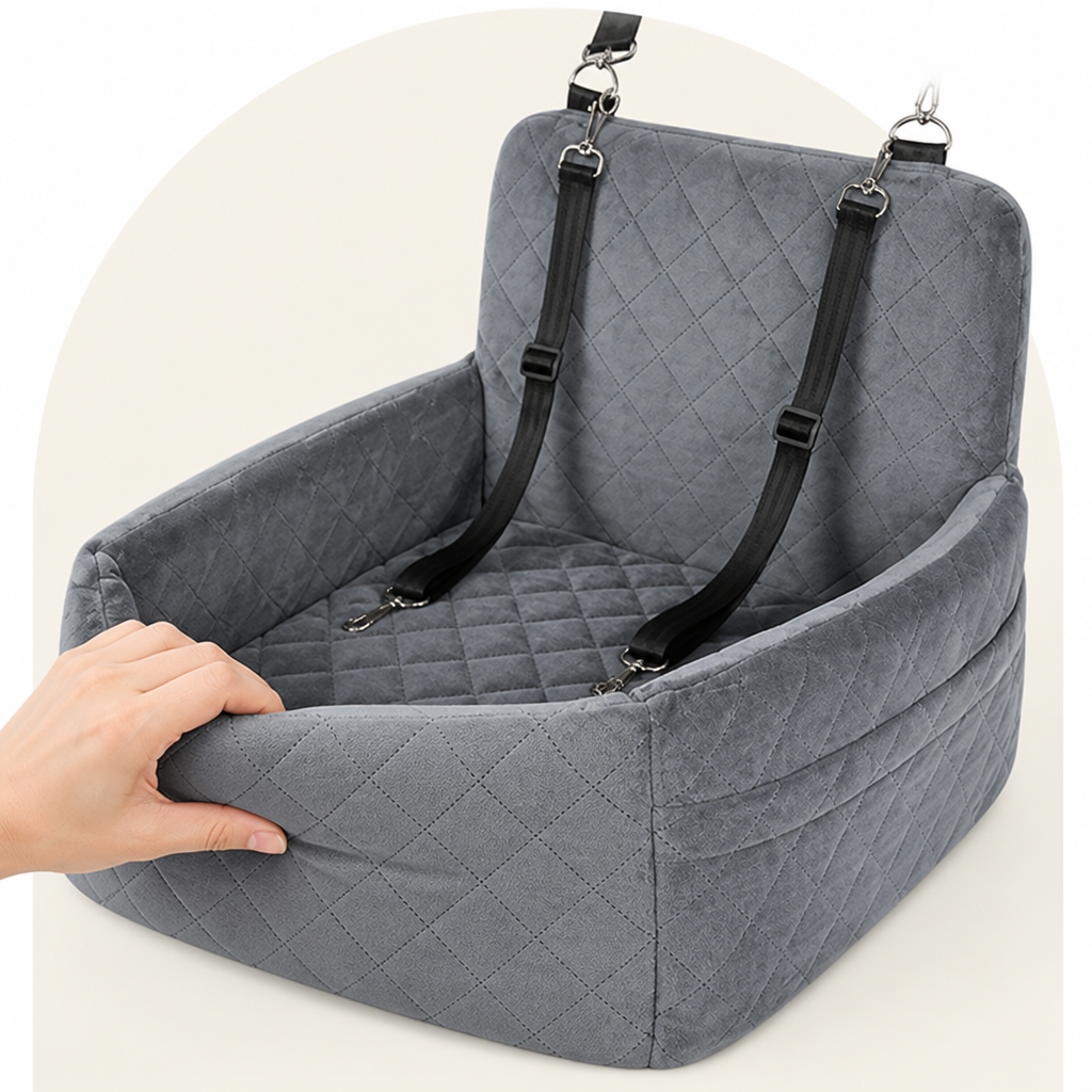 Siège auto pour chien Ortekor, modèle Oxford matelassé lavable avec ceinture de sécurité (coussin amovible)