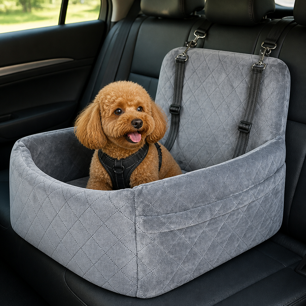 Siège auto pour chien Ortekor, modèle Oxford matelassé lavable avec ceinture de sécurité (coussin amovible)