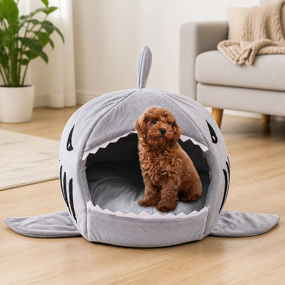 Lit grotte en peluche requin à isolation thermique Ortekor (coussin détachable et lavable)