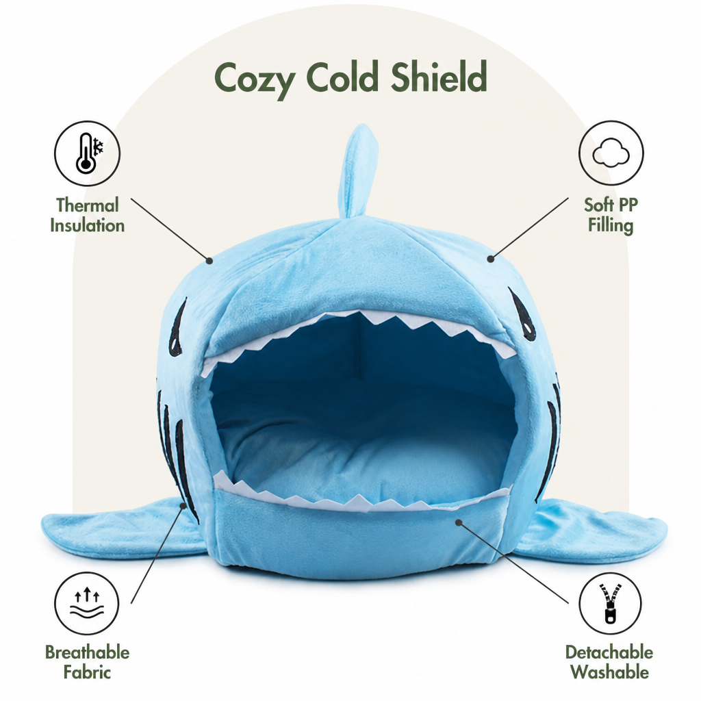 Lit grotte en peluche requin à isolation thermique Ortekor (coussin détachable et lavable)