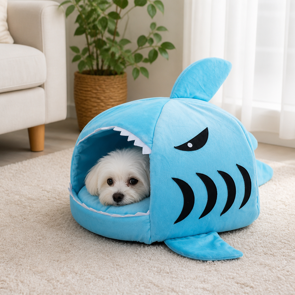 Lit grotte en peluche requin à isolation thermique Ortekor (coussin détachable et lavable)