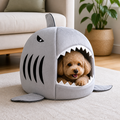 Lit grotte en peluche requin à isolation thermique Ortekor (coussin détachable et lavable)